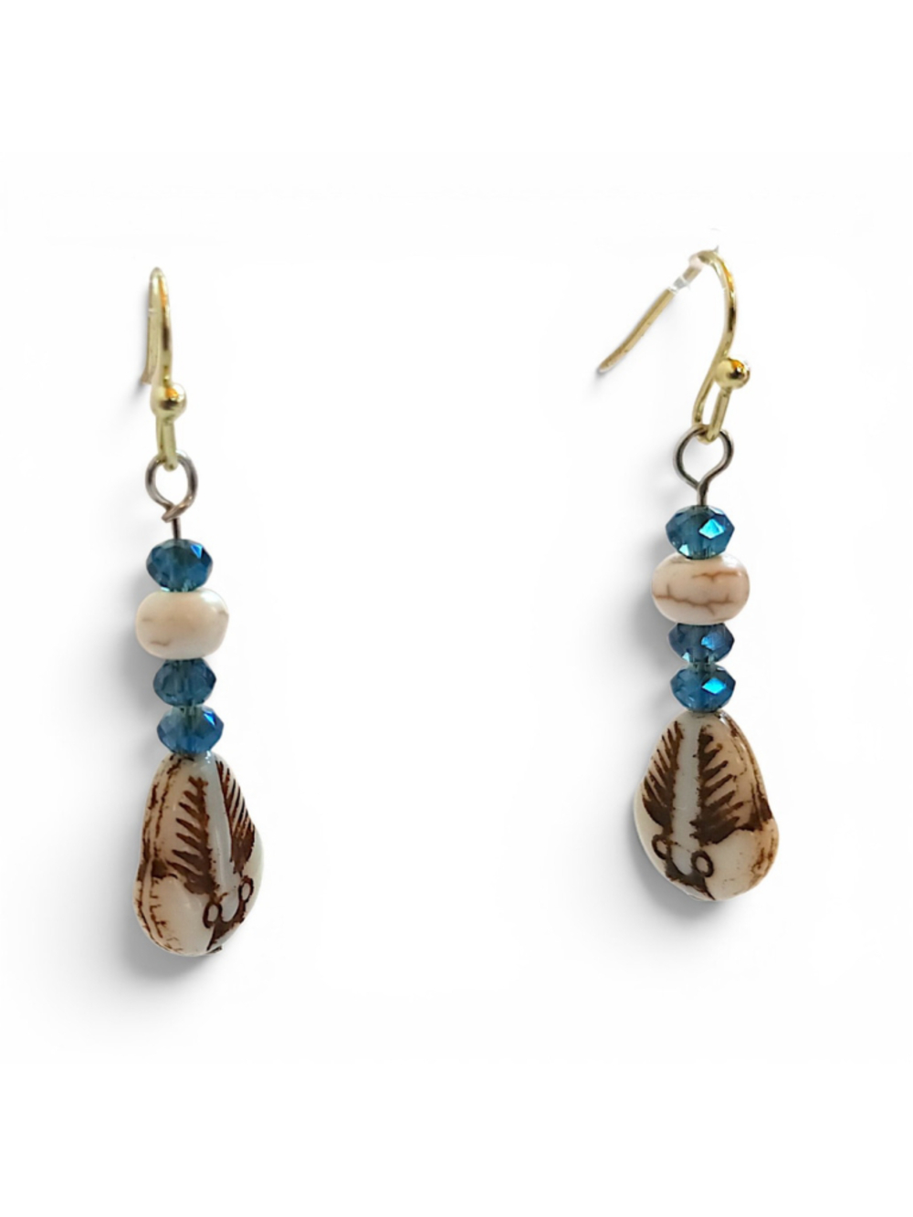 Handcrafted Beaded feather Dangle Earrings etched Beige aqua Blue crystal small